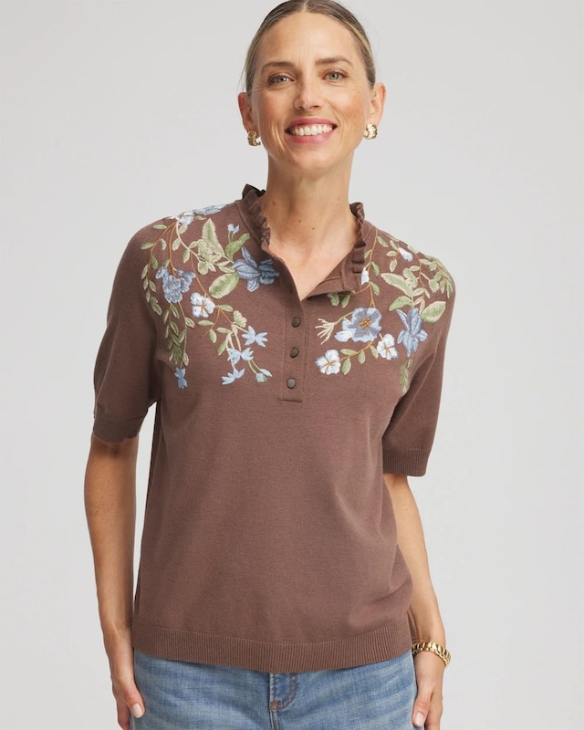 Embroidered Henley Pullover Sweater - image 1
